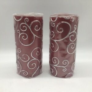 Jeco Red & Silver Scroll Pillar Candle 6” x 2.75” Brand New Set Of 2
